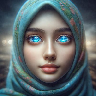 The primary subject of the image is a woman with blue eyes and a blue headscarf. She is wearing a blue headscarf and has blue eyes. The setting is a dark room, and the visual style is digital art. The colors and mood of the image are predominantly dark and mysterious, with the blue eyes and headscarf adding a touch of brightness and intrigue.